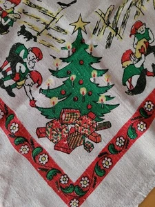 Tovaglia di lino natalizia vintage Pixie elfi elfi natalizi con alberi di Natale - Foto 1 di 5