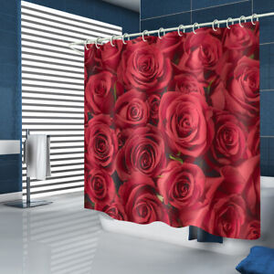 Rose Shower Curtain Set Bathroom Rug Thick Bath Mat Non-Slip Toilet Lid Cover