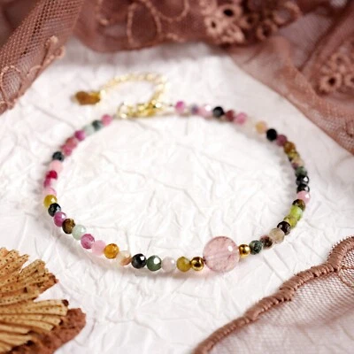 Rainbow Tourmaline Strawberry Quartz Healing Reiki Minimalist Dainty Bracelet - Image 1 of 4