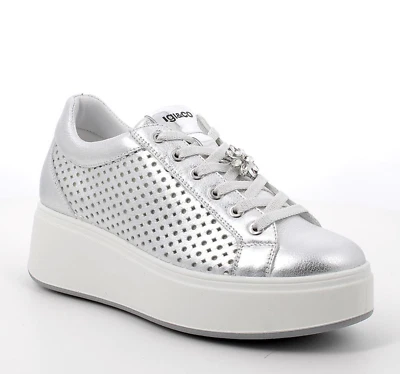 Sneakers Igi&co 7657211 pelle argento, fibbia strass zeppa 4,5 cm Made in Italy - Immagine 1 di 3