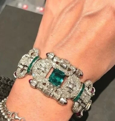 Pulsera estilo Art Deco para mujer dije plata fina 925 circonita cúbica verde joyería para mujer. Foto 1 de 4