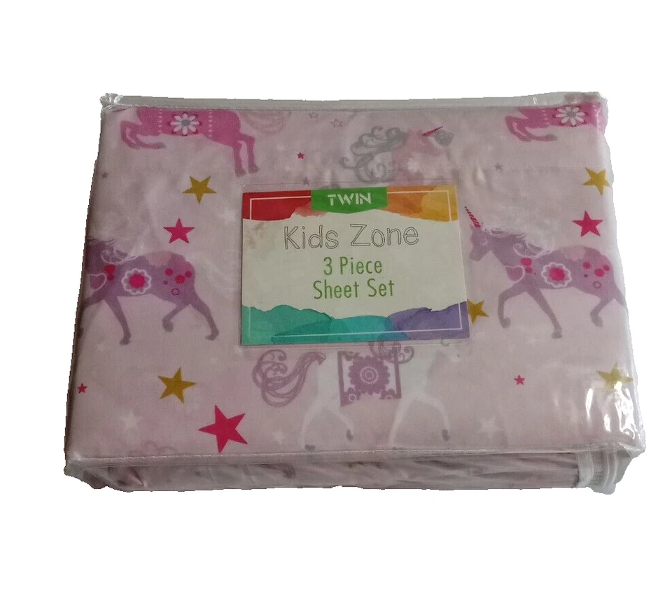 Unicorn Twin Sheets 3 Piece Pink Purple Flat Fitted Pillowcase Girls Bedding - Image 1 of 4