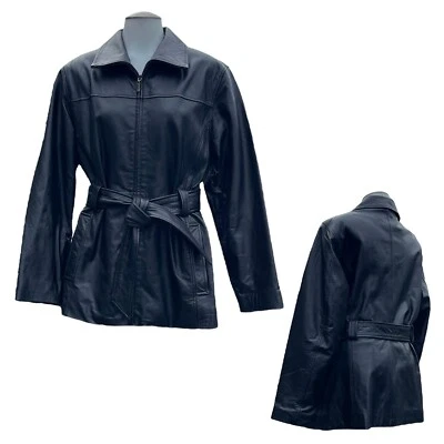 Chaqueta de cuero vintage años 90 CHARLES KLEIN para mujer S gabardina con cinturón NEGRA Foto 1 de 4