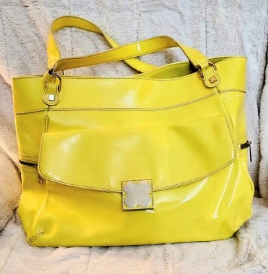 Vintage Retro Liz Claiborne Neon Yellow Boho Faux Patent Leather Satchel Purse - Image 1 of 4