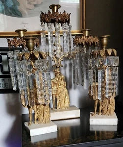ANTIQUE 3 PC GIRANDOLE SET GILT BRASS OR BRONZE W/50 STAR PRISMS ON MARBLE BASES - Picture 1 of 14
