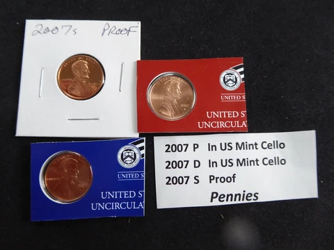 2007 Lincoln Cent 3 Coin Set- S(Proof), P & D in US Mint Cello -FREE SHIPPING!! Cover