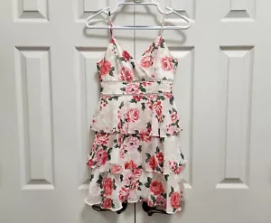 Minikleid Damen Mi Ami Rosa Blumen V-Ausschnitt Spaghettiträger Stufen Rüschen XS - Bild 1 von 9