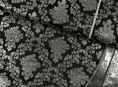 LUREX JACQUARD Stoff Brokat Rosenbouquet Kostüme SCHWARZ SILBER EUR 16,98/m - Bild 1 von 3