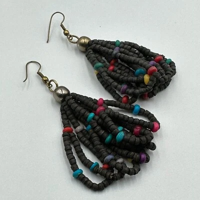 Pendientes de cuentas de madera negros perforados lazos colgantes boho declaración 3 pulgadas Foto 1 de 4