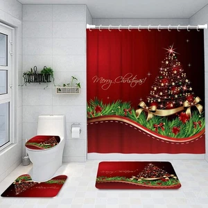 4 Pack Christmas Bathroom Rugs Sets Shower Curtain Toilet Lid Cover Bath Mat Set - Picture 1 of 7