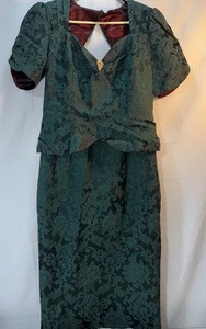 80s 90s Vintage Jessica McClintock Teal Green Acetate Damask Dress Size 13/14 - Picture 1 of 11