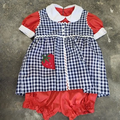 Vintage Handmade Girls 4, 2pc Set Romper & Smock Unused (Small Stain) - Image 1 of 4