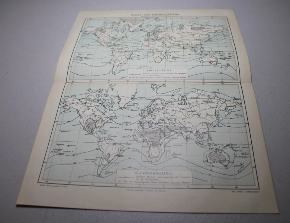 c1899 Meyers Universum Mapa COLOR ~ TEMPERATURAS EXTREMAS EN EL MUNDO Foto 1 de 1