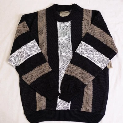 Cosby Knit Sweater Le Tigre Vintage Black White Gray Stripe Men's Large Acrylic - Image 1 of 4