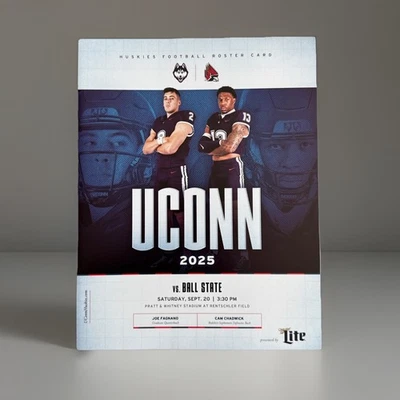 2025 UCONN FOOTBALL ROSTER CARD CONNECTICUT HUSKIES VS. BALL ST FAGNANO CHADWICK - Image 1 of 3