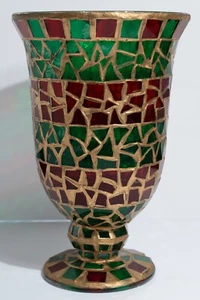 Large Mosaic Red Green Glass Tile Hurricane Vase Candle Holder Tapered Base 9.5" - Picture 1 of 6