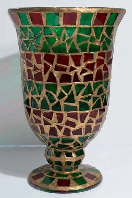 Jarrón grande mosaico rojo verde vidrio azulejo huracán candelabro base cónica 9,5" Foto 1 de 4