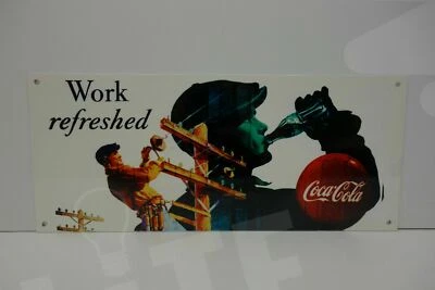 COCA COLA LINEMAN "WORK REFRESHED" DIE CUT STEEL ENAMEL SIGN. 6" HIGH 14" WIDE. - Image 1 of 4