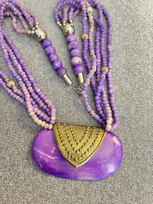 COLLAR Semilla Cuentas Piedra Amatista Multi Hilo Cuentas Colgante Latón 10.5" L De Colección Foto 1 de 4
