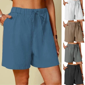 Womens Casual Cotton Linen Elastic Waist Pants Loose Fit Pocket Shorts Trousers - Picture 1 of 15