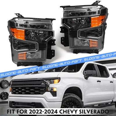2Pcs For 2022-2024 Chevy Silverado 1500 Halogen Headlights w/ Black Trim LH+RH Foto 1 de 4