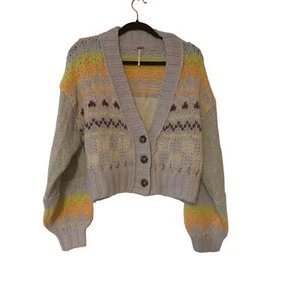 Free People Wool Alpaca Blend Button Front Purple Print Cardigan Oversized Small - Picture 1 of 6