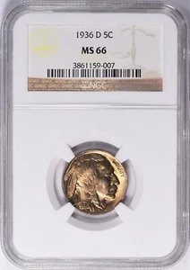 1936 D Buffalo Nickel NGC MS66 Light Gold Toning - Picture 1 of 3