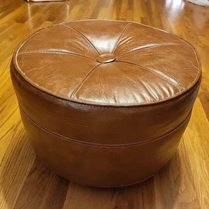 Vtg 1950s Mid Century 17" Round Brown Vinyl Hassock Ottoman Stool with Wheels - Picture 1 of 14