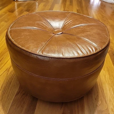 Taburete otomano con ruedas vintage años 50 mediados de siglo 17" redondo vinilo marrón jassock Foto 1 de 4