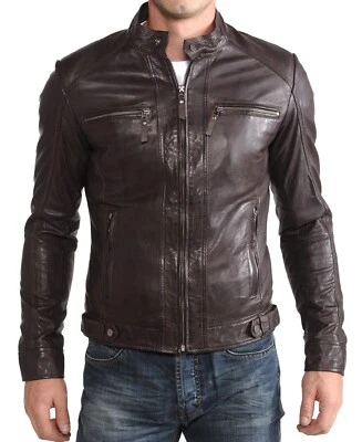 Mens Brown Quilted Leather Jacket Genuine Lambskin Real Motorcycle Biker Coat - Image 1 of 4