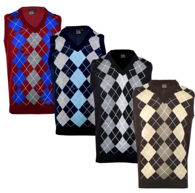 Mens Argyle V Neck Sleeveless Sweater Jumper Tank Top Jersey Golf Casual S-XXL
