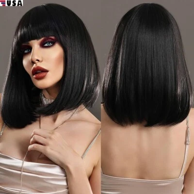 Black Bob Wigs with Bangs Straight Blunt Cut Shoulder Length Short Wig for Women - Image 1 of 4