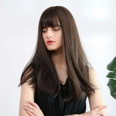 Long Straight Dark Brown Synthetic Wig With Bangs Heat Safe No Lace Glueless Wig - Image 1 of 4