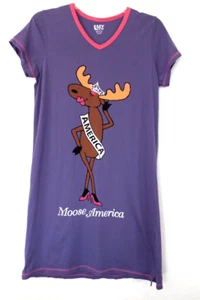 Lazy One Women's Sleepshirt Nightgown Moose America Purple Crown Nature sz S/M - Picture 1 of 10