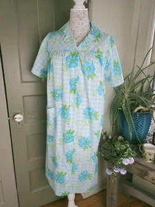 Smart Time Vintage Pearl Snap Front House Dress Smock Blue Floral Women's Medium - Picture 1 of 11