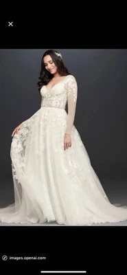 David’s Bridal Galina Signature Wedding Dress Size 16W Ivory Long Sleeve Lace - Image 1 of 4