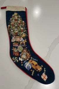 Needlepoint Christmas Stocking Lighted Tree Gifts Wool Vtg Red Fabric - Picture 1 of 9