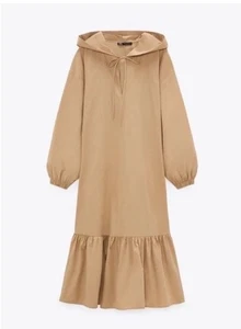 ZARA HOODED POPLIN TIRED MIDI DRESS LAGENLOOK TAN OVERSIZED SIZE S - Picture 1 of 3