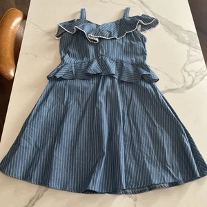 BCBG Girls Off-Shoulder Summer Dress Size L (14/16) Chambray Indigo Blue Stripe - Picture 1 of 13