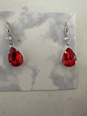 Ruby Red Crystal Teardrop Pear Earrings, Elegant Formal Classic Fashion Hooks - image 1 of 4