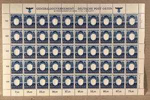 Generalgouvernement 1943 Mi Nr. 108 ganzer Bogen 50 Freimarken zu 50 GR + 1 ZL. - Bild 1 von 2