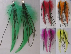 Feather Earrings w/ Tapered Tail & Streamers  Handmade in USA  E20 - Picture 1 of 6