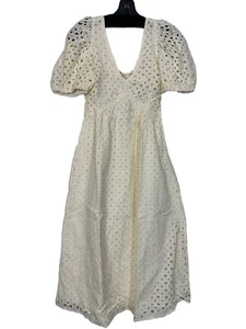 NEW OAK + FORT Eyelet Midi Dress Short Sleeve V Neck Sz XS Coconut Milk Women’s - Picture 1 of 11