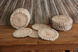 NEW Bali Woven Rattan Coasters w/Shell Trim - Balinese Coasters w/Shells 1 Pce - Picture 1 of 3