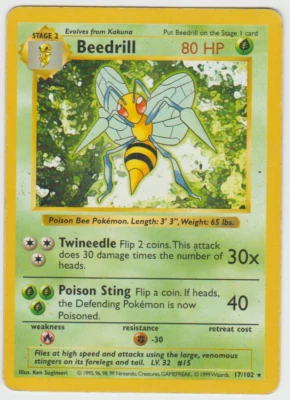 Beedrill 17/102 Shadowless Rare Base Set  Pokemon Card Unlimited WOTC 1999 - Image 1 of 2