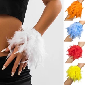 Women Ostrich Feather Cuffs Women Fur Slap Bracelets Hair Ring Fluffy Wristband - Picture 1 of 25