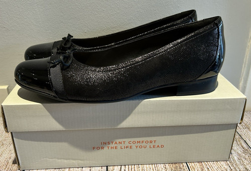 Scarpe eleganti da donna Clarks UN BLUSH CAP nere in pelle combinata UK 7D PREZZO AL PUBBLICO £ 65