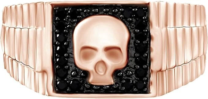 1/5ct Skull Mens Ring Round Cut Simulated Black Spinel 10K Solid Rose Gold - Image 1 of 1