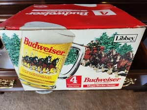 1989 Libbey Budweiser Clydesdales 15 Oz Holiday Beer Mugs Set of 4 Original Box - Picture 1 of 7