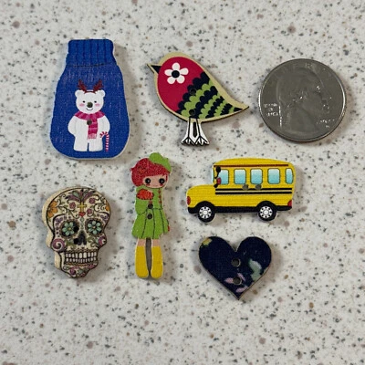 Lot of 6 Assorted Wood Novelty Buttons School Bus Heart Girl Sugar Skull Bear - Image 1 of 4